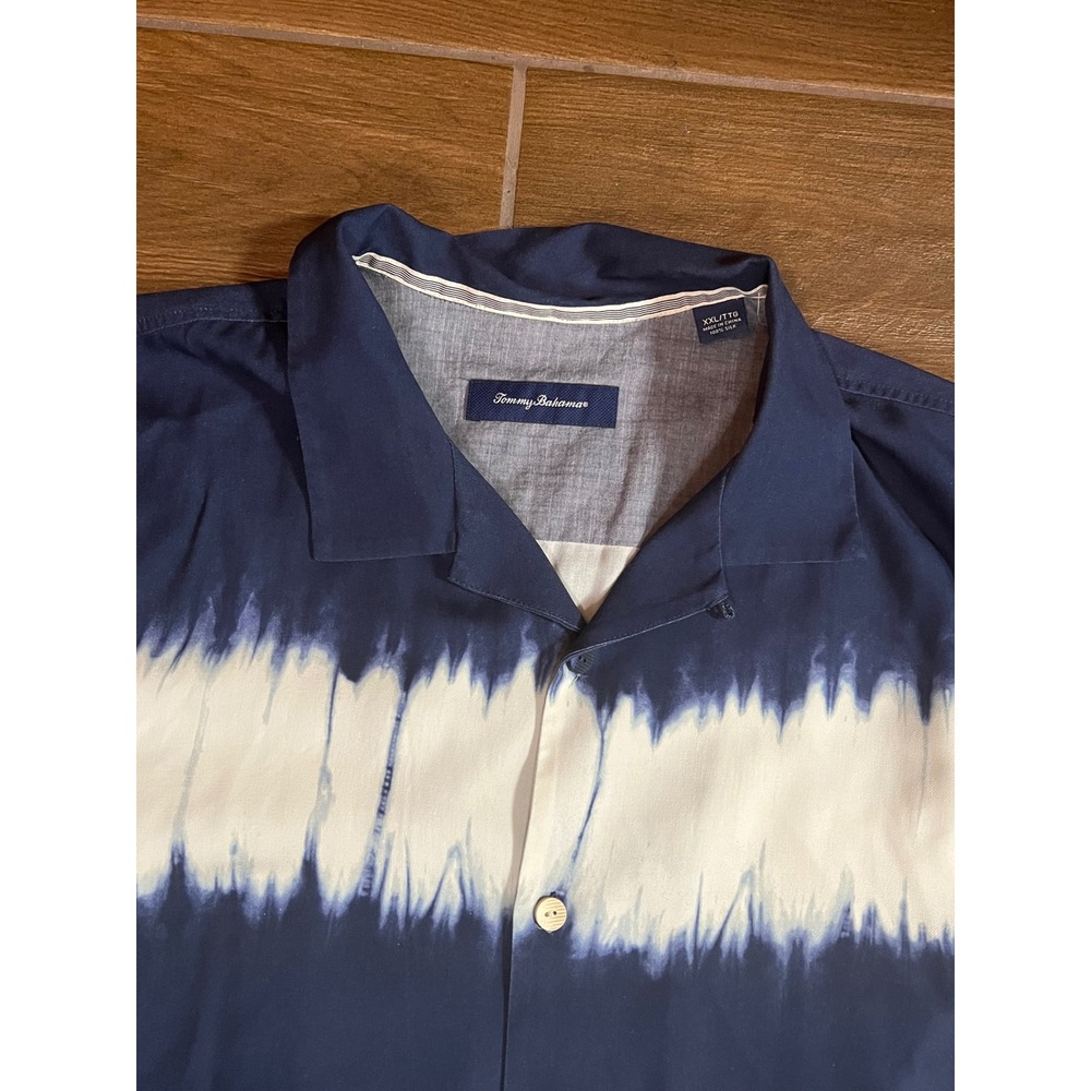 Tommy Bahama Mens XXL Silk Tie Dye Short Sleeve Camp Shirt Navy Blue White